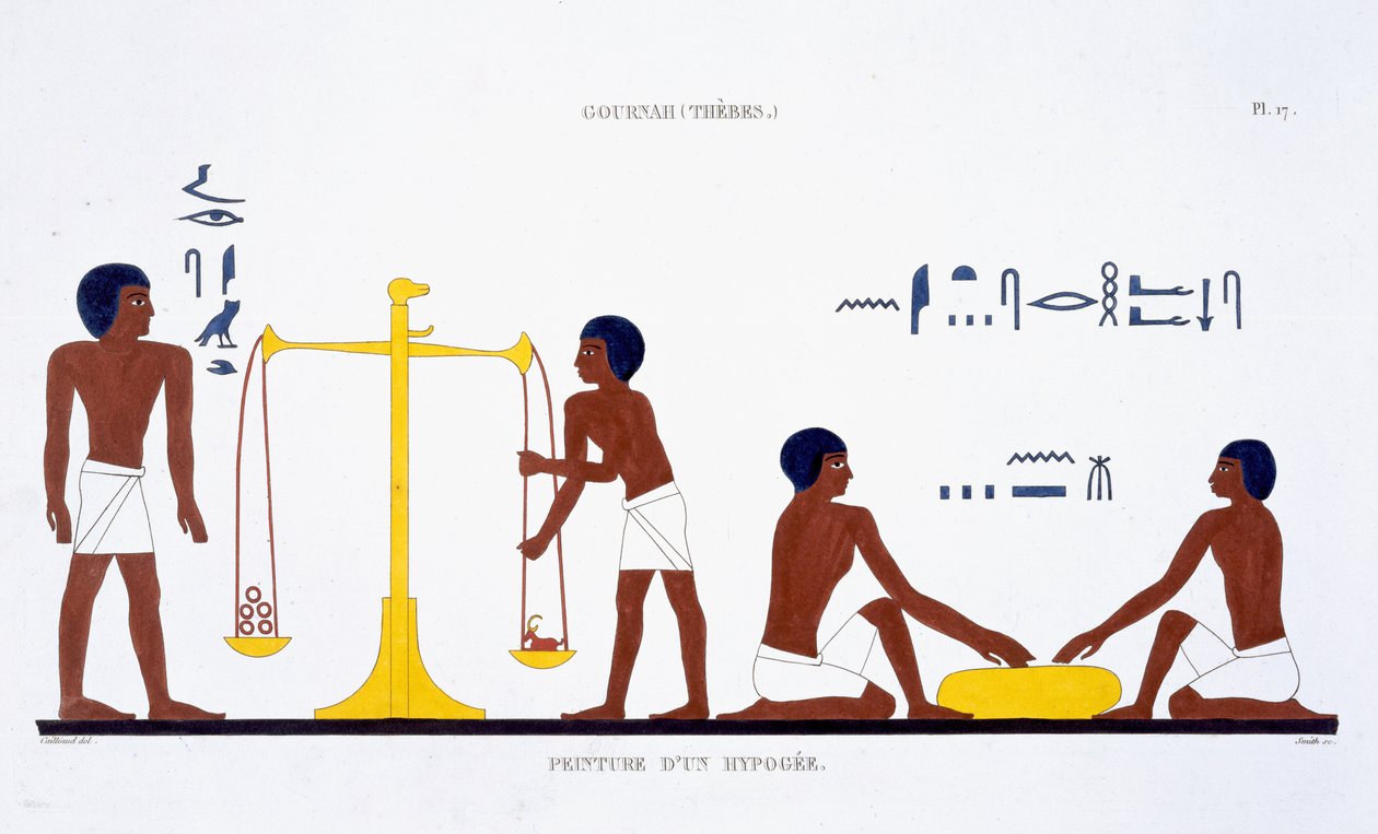 Rituali di Morte (soggetto non chiaro), da un raro resoconto di affreschi di Tebe, registrato 1819-1822 durante la sua seconda visita in Egitto da Frederic Cailliaud (litografia a colori) da Frederic (after) Cailliaud