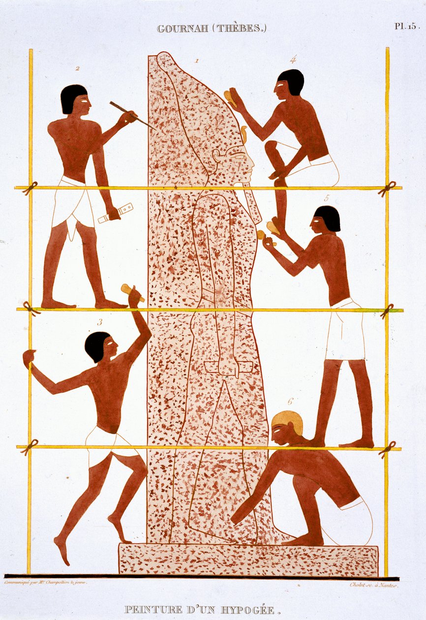 Scalpellini che realizzano una statua colossale del Faraone, da un raro registro di affreschi di Tebe, registrato 1819-1822 durante la sua seconda visita in Egitto da Frederic (after) Cailliaud