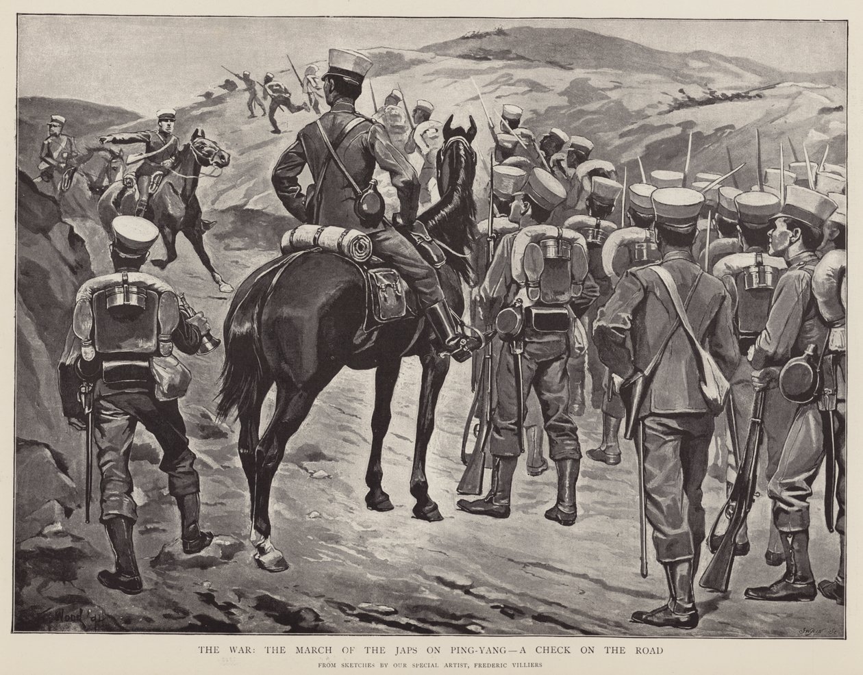 La guerra, la marcia dei giapponesi su Ping-Yang, un controllo sulla strada (litografia) da Frederic (after) Villiers