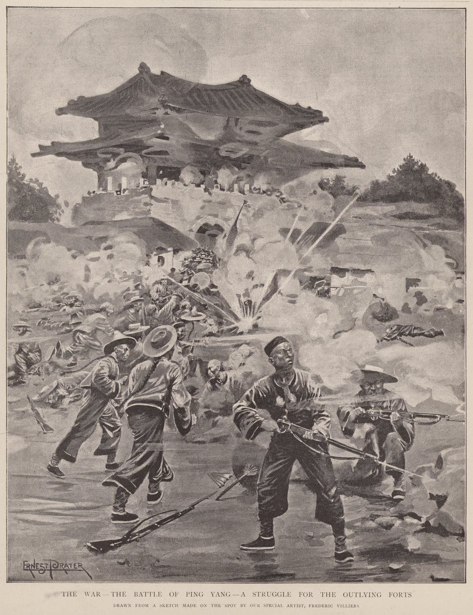 La guerra, la battaglia di Ping Yang, la lotta per i forti periferici (litografia) da Frederic (after) Villiers