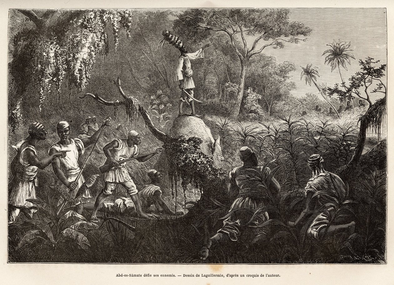 Abd es Samate, amico e luogotenente di Mounza, re dei Mombuttous, sfida i suoi nemici i Zandes (o niam niam) che hanno dichiarato guerra a loro, incisione dopo il disegno di Laguillermie, illustrando un viaggio nel cuore dell