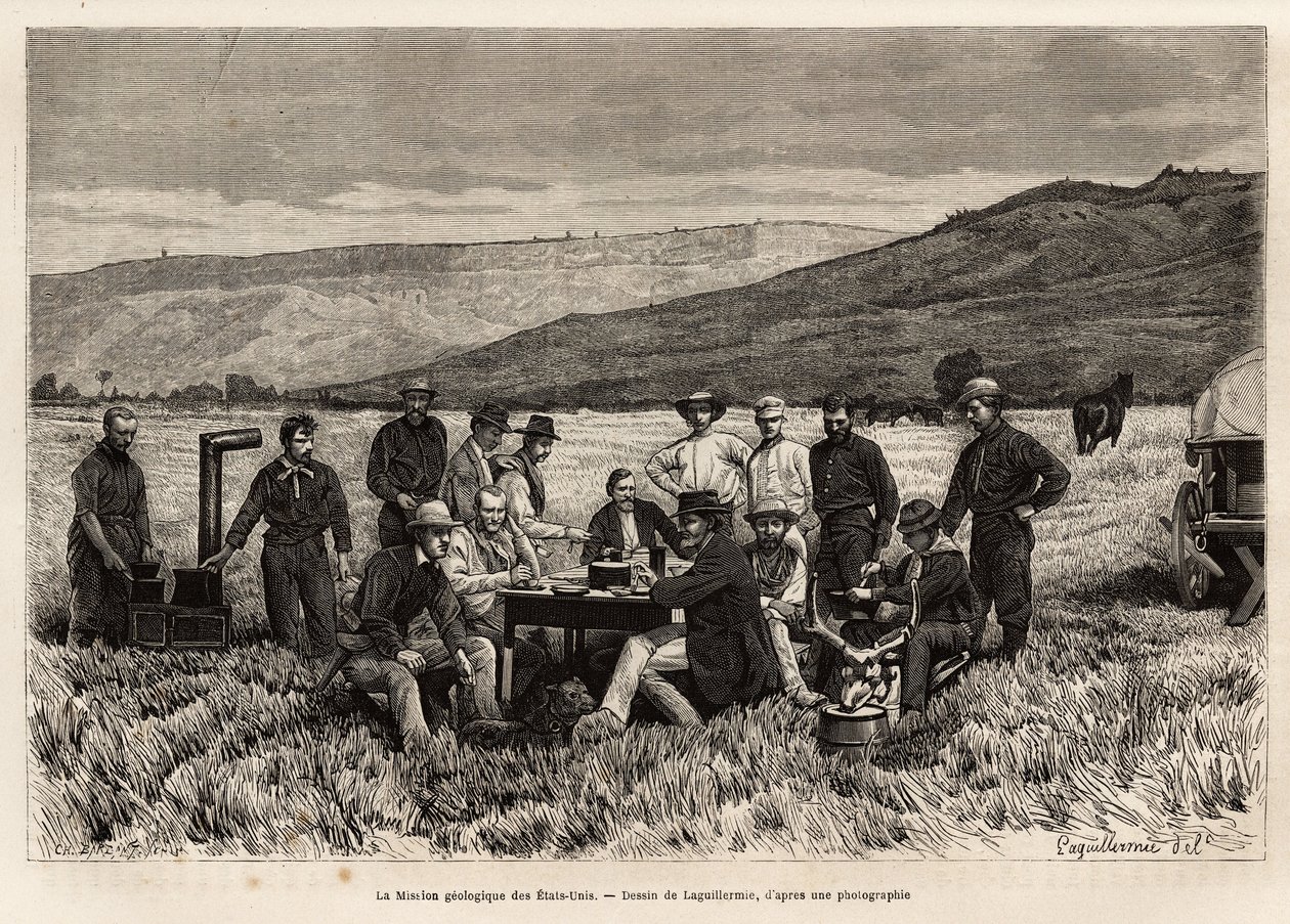 La missione geologica degli Stati Uniti è giovane nella pianura, incisa dopo il disegno di Laguillermie, illustrando una serie di missioni geografiche attraverso il Parco Nazionale degli Stati Uniti, dal 1870 al 1872, di signori Hayden, Doane e Langford, p da Frederic Auguste Laguillermie