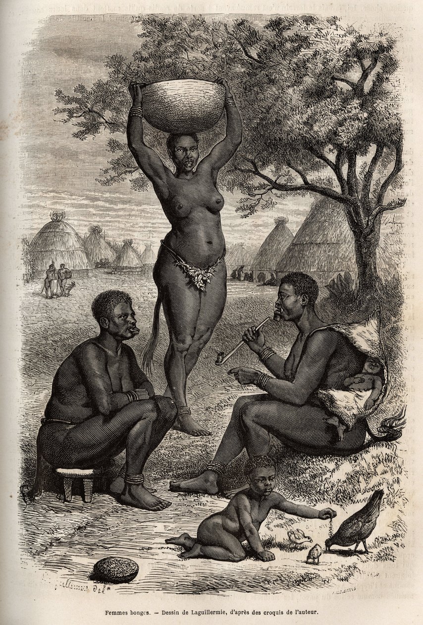 Tipi e attività delle donne Bongos (Sudan centrale), con i loro ornamenti metallici, campane e graffette che mettono sulle orecchie e sulle labbra, incisione dopo il disegno di Laguillermie, illustrando il viaggio nel cuore dell