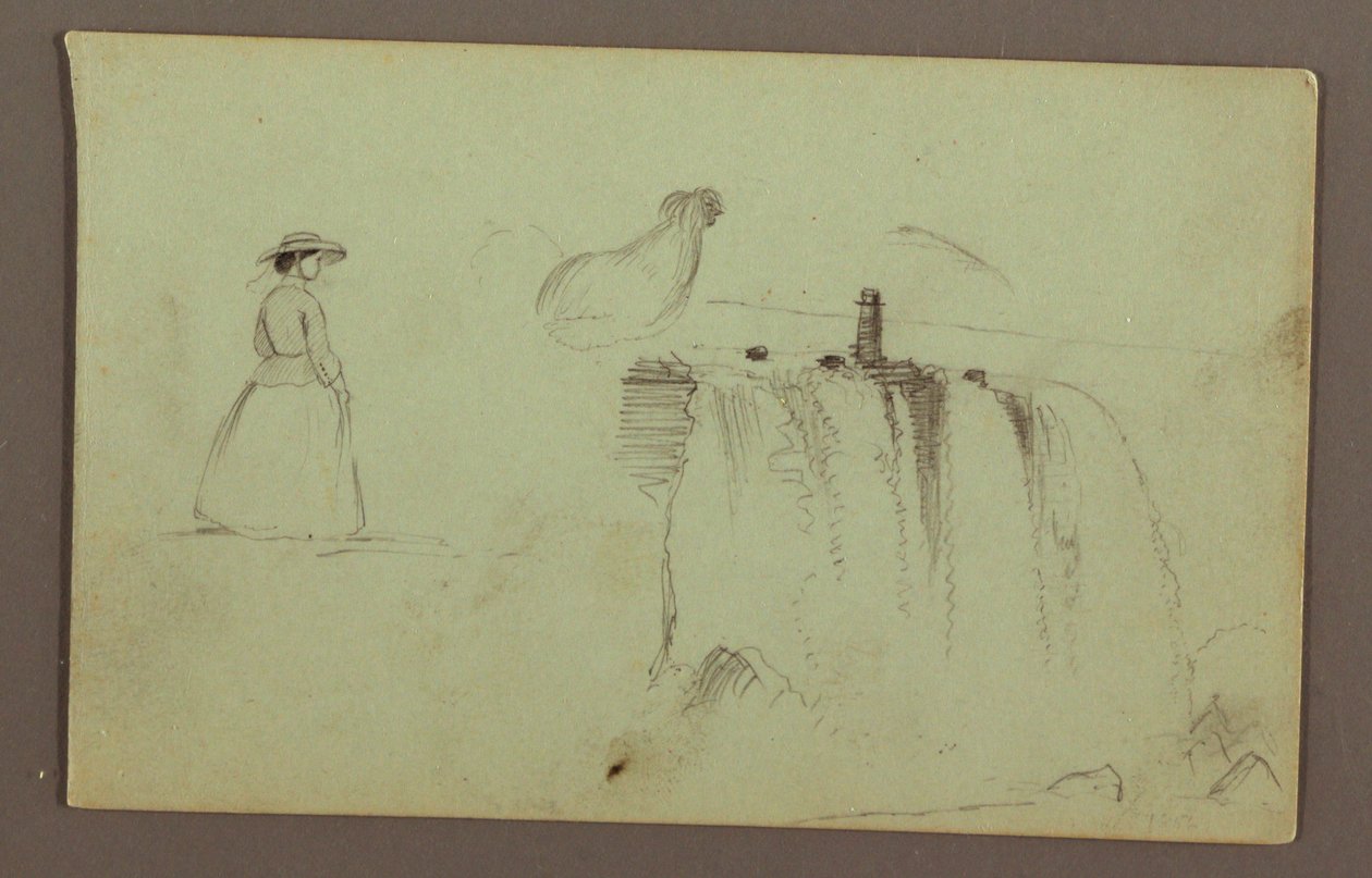 Una ragazza che cammina, un pollo accovacciato e le cascate americane sul fiume Niagara da Frederic Edwin Church
