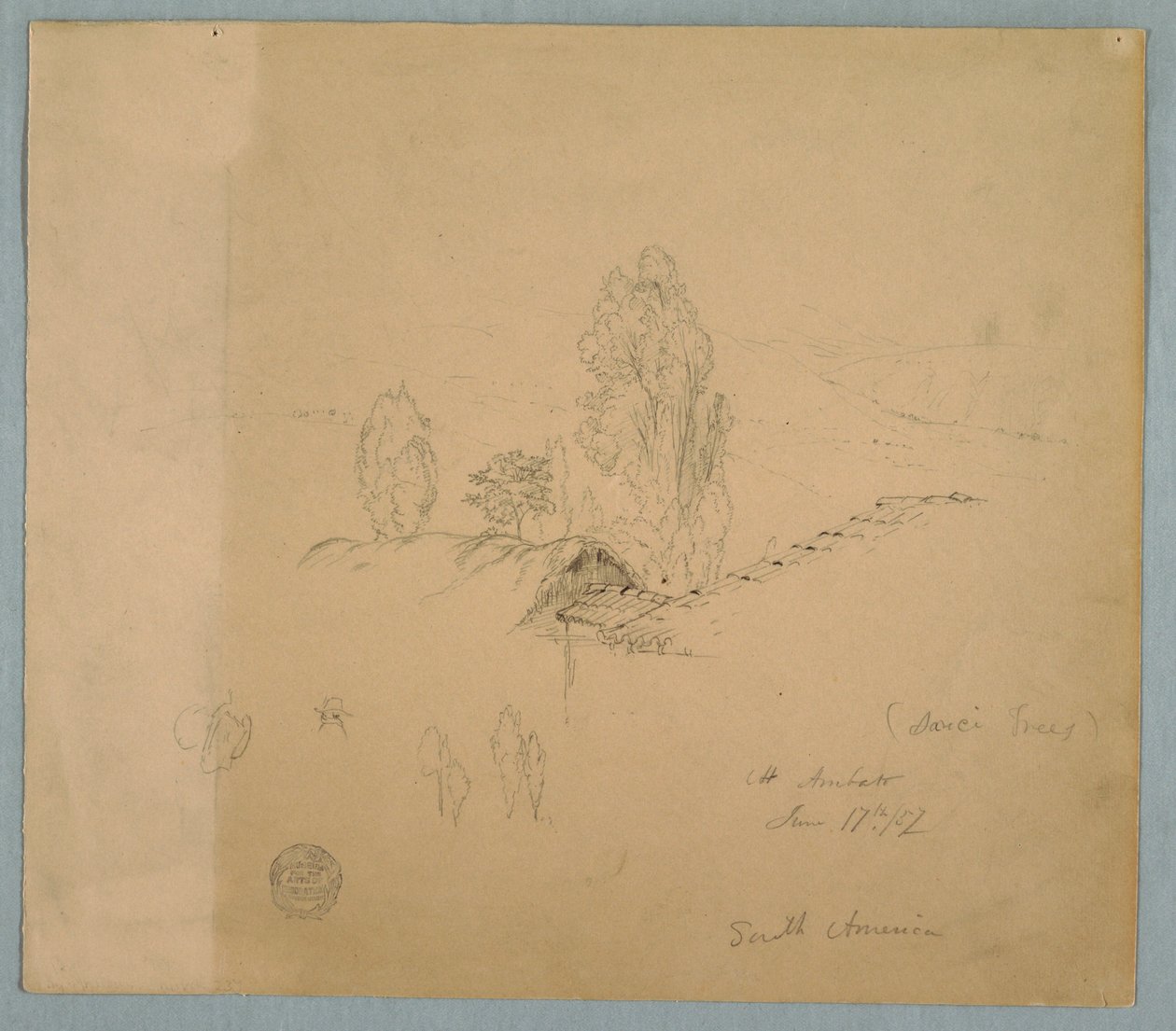 Disegno, Un tetto di paglia e un tetto di tegole con cime di alberi in un paesaggio montuoso vicino al Chimborazo, Ambato, Ecuador, 17 giugno 1857 da Frederic Edwin Church