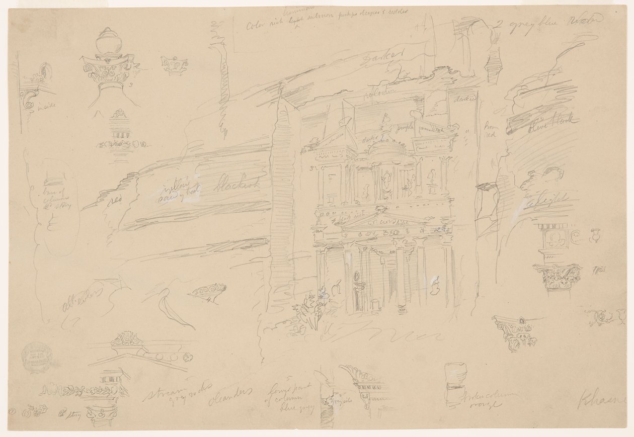 Disegno, Dettagli architettonici di El Khasneh, Petra, fine febbraio 1868 da Frederic Edwin Church