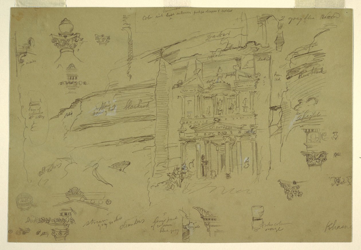 Disegno, Dettagli architettonici di El Khasneh, Petra, fine febbraio 1868 da Frederic Edwin Church