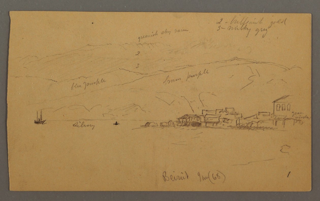 Disegno, baia con case, montagne alle spalle, gennaio 1868 da Frederic Edwin Church