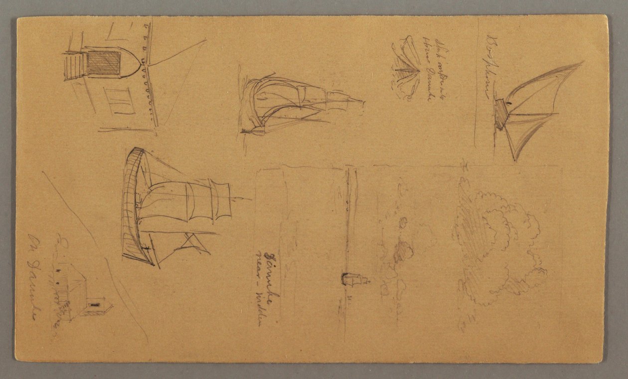 Disegno, Studi di barche, Studio di nuvole, Due edifici, forse 1868 da Frederic Edwin Church