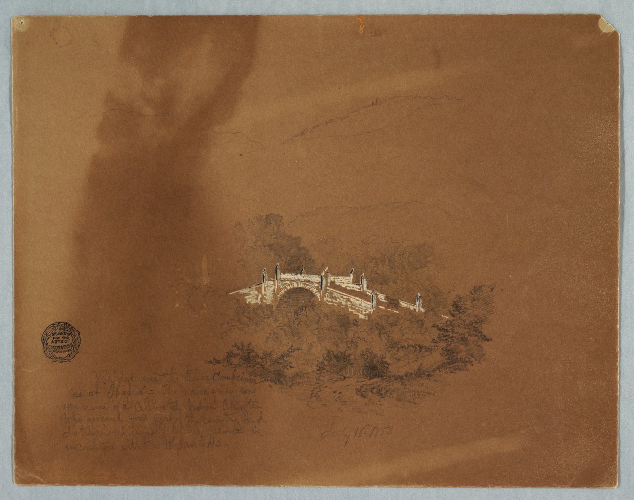 Disegno, Ponte sul fiume Combeima a Ibaque, Colombia, 16 luglio 1853 da Frederic Edwin Church