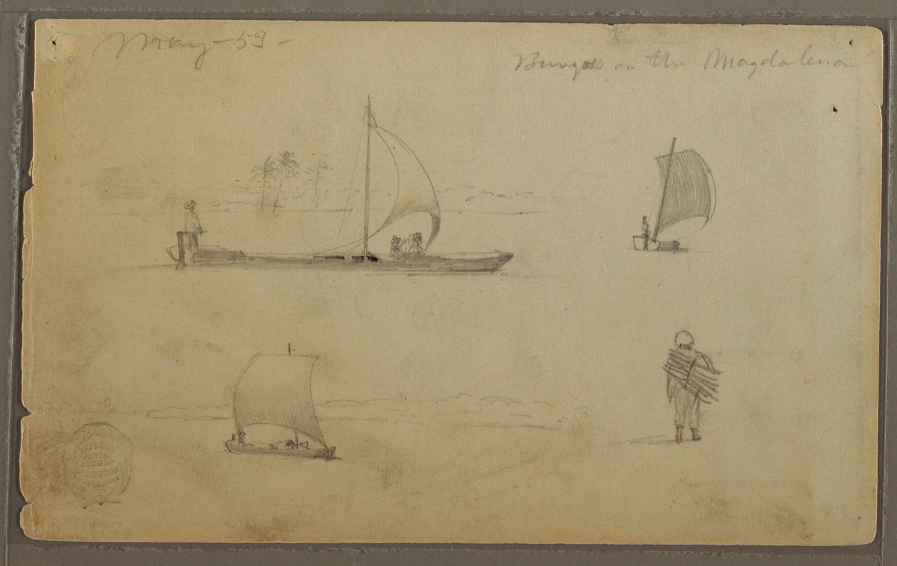 Disegno, Bungoes: Schizzi di barche a vela e lavoratori, lungo il Rio Magdalena, Colombia, maggio 1853 da Frederic Edwin Church