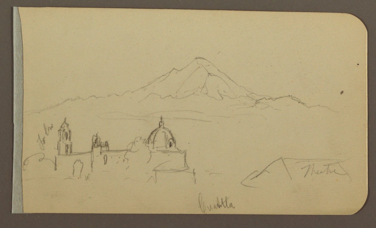 Disegno, Cattedrale, Montagna, Cuautla; verso: Casa, Chiesa, Albero Cuautla, febbraio 1885 da Frederic Edwin Church