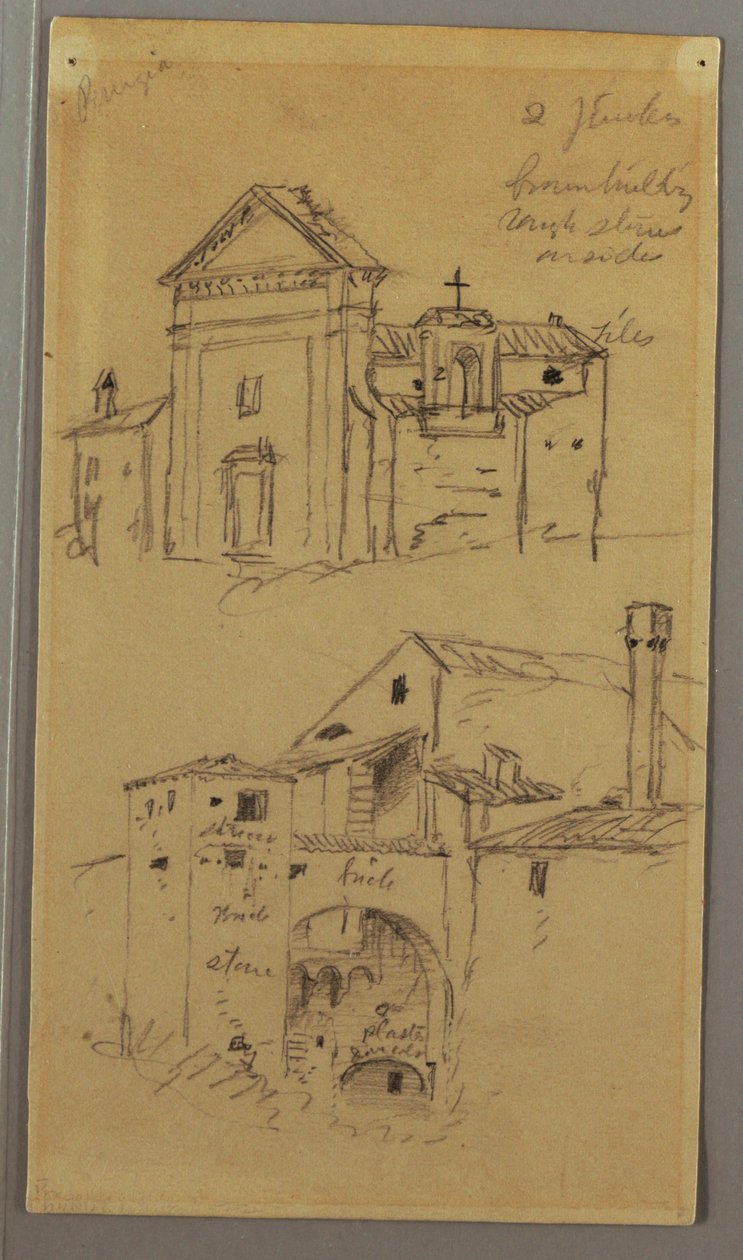 Disegno, chiesa, edificio, ponte coperto, forse 1868-69 da Frederic Edwin Church