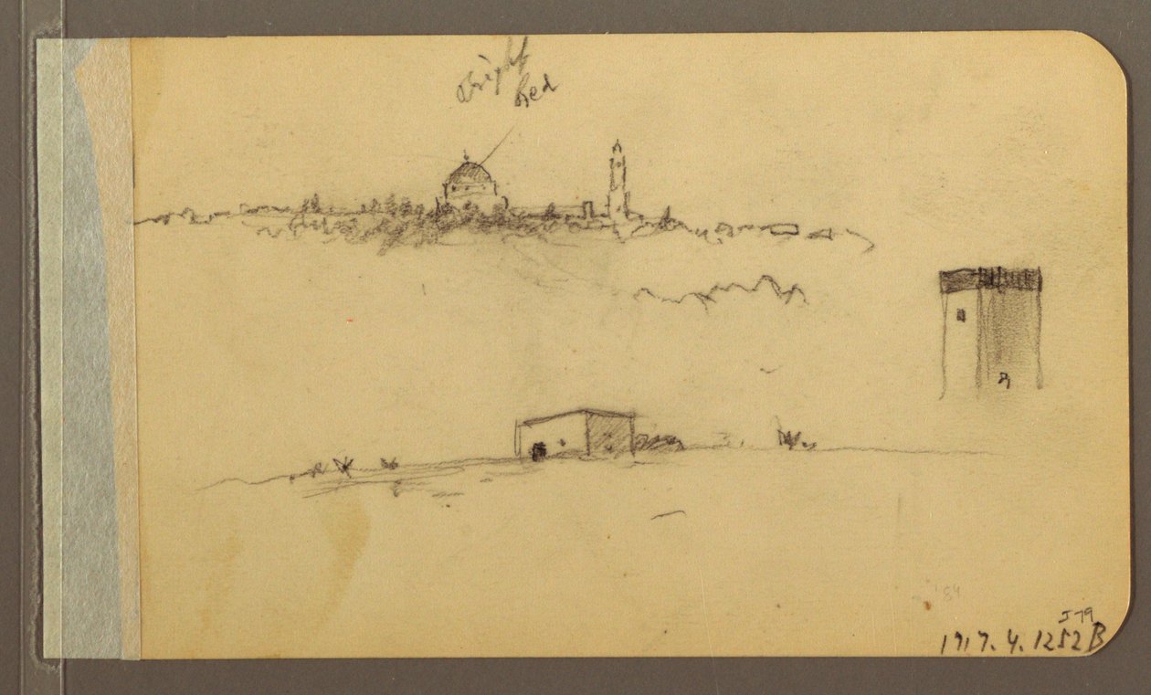 Disegno, chiesa, torre, casa; verso: catena montuosa, 1889 da Frederic Edwin Church