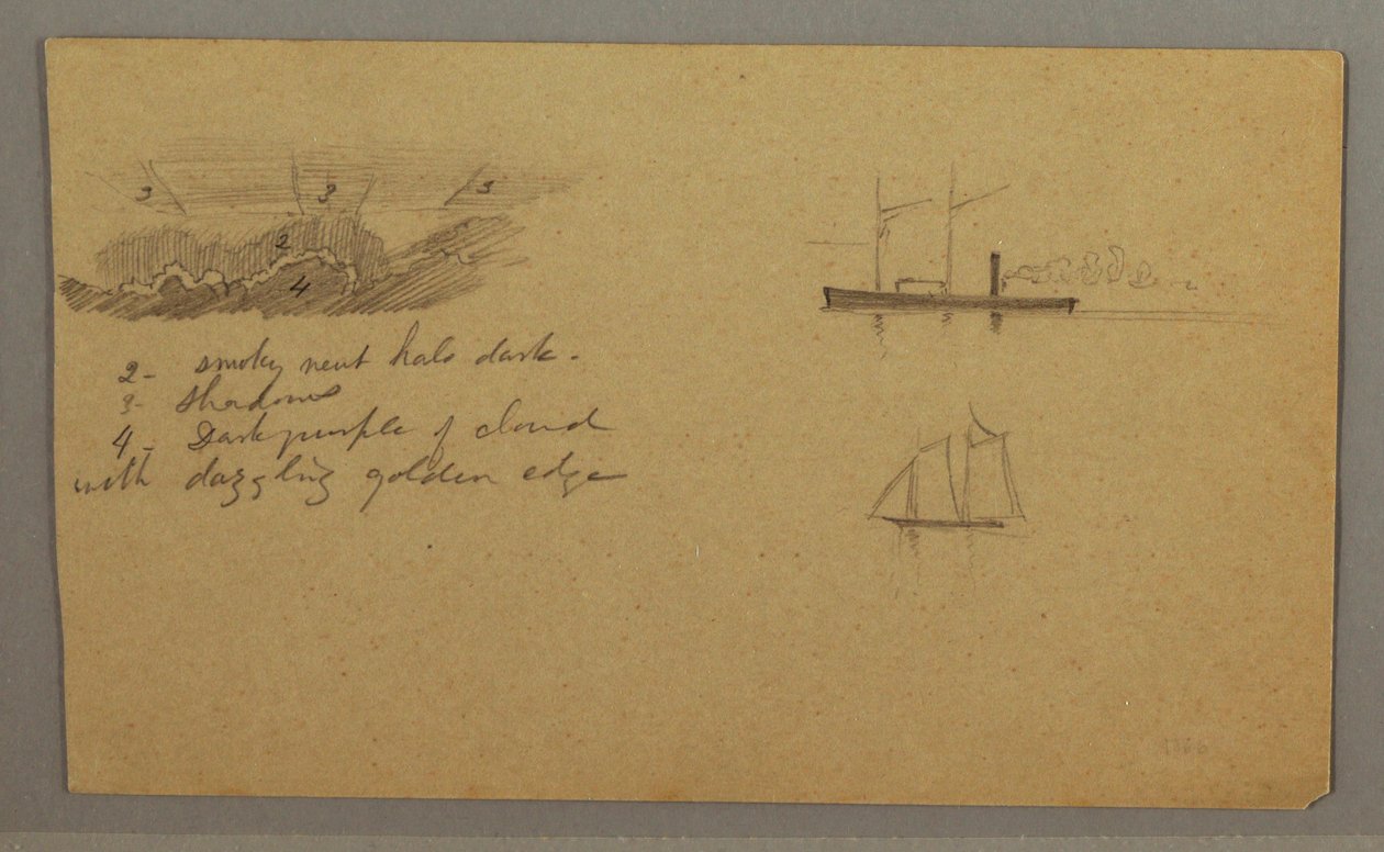 Disegno, studio di nuvola, piroscafo, barca a vela, forse 1865-66 da Frederic Edwin Church