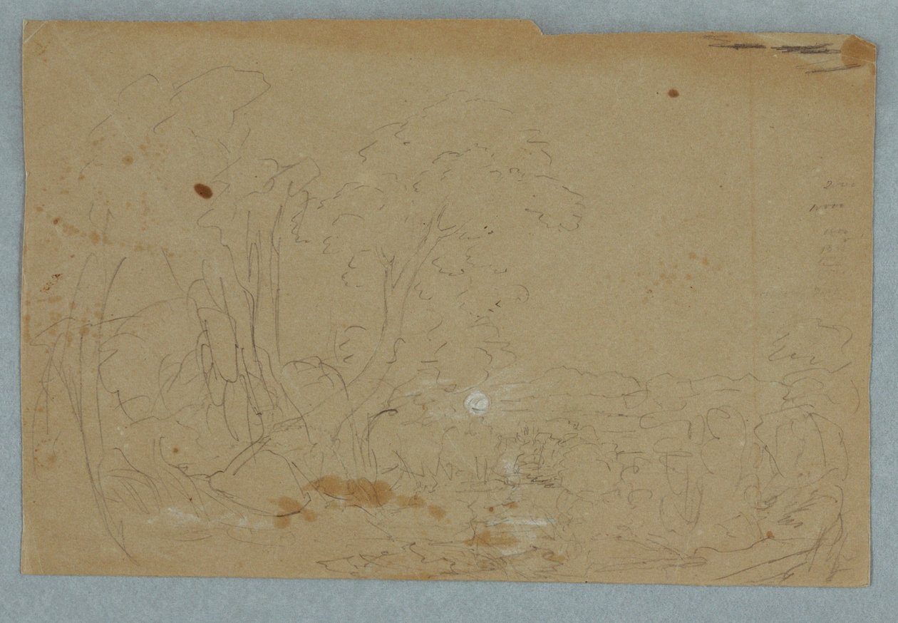 Disegno, Cielo nuvoloso su un paesaggio collinare; verso: Luna piena riflessa in un ruscello, 1845-50 da Frederic Edwin Church