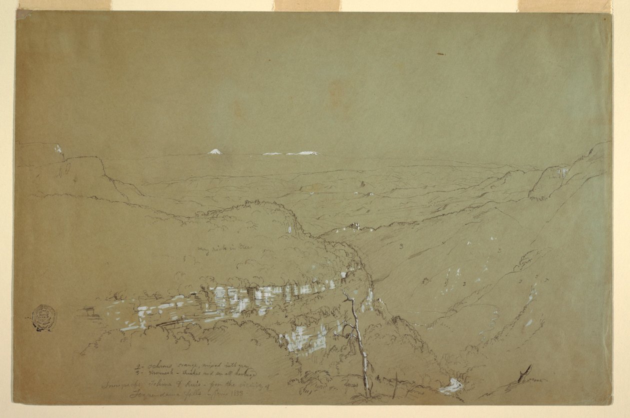 Disegno, Veduta distante dei vulcani Tolima e Ruiz dalla vicinanza delle cascate di Tequendama, Colombia, giugno 1853 da Frederic Edwin Church