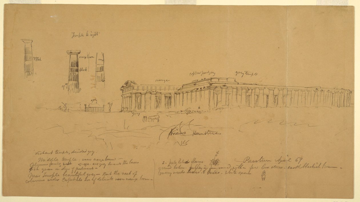 Disegno, Templi dorici greci di Atena (già Cerere), Era II (già Nettuno) ed Era I (già Basilica), Paestum, Salerno, Italia, aprile 1869 da Frederic Edwin Church