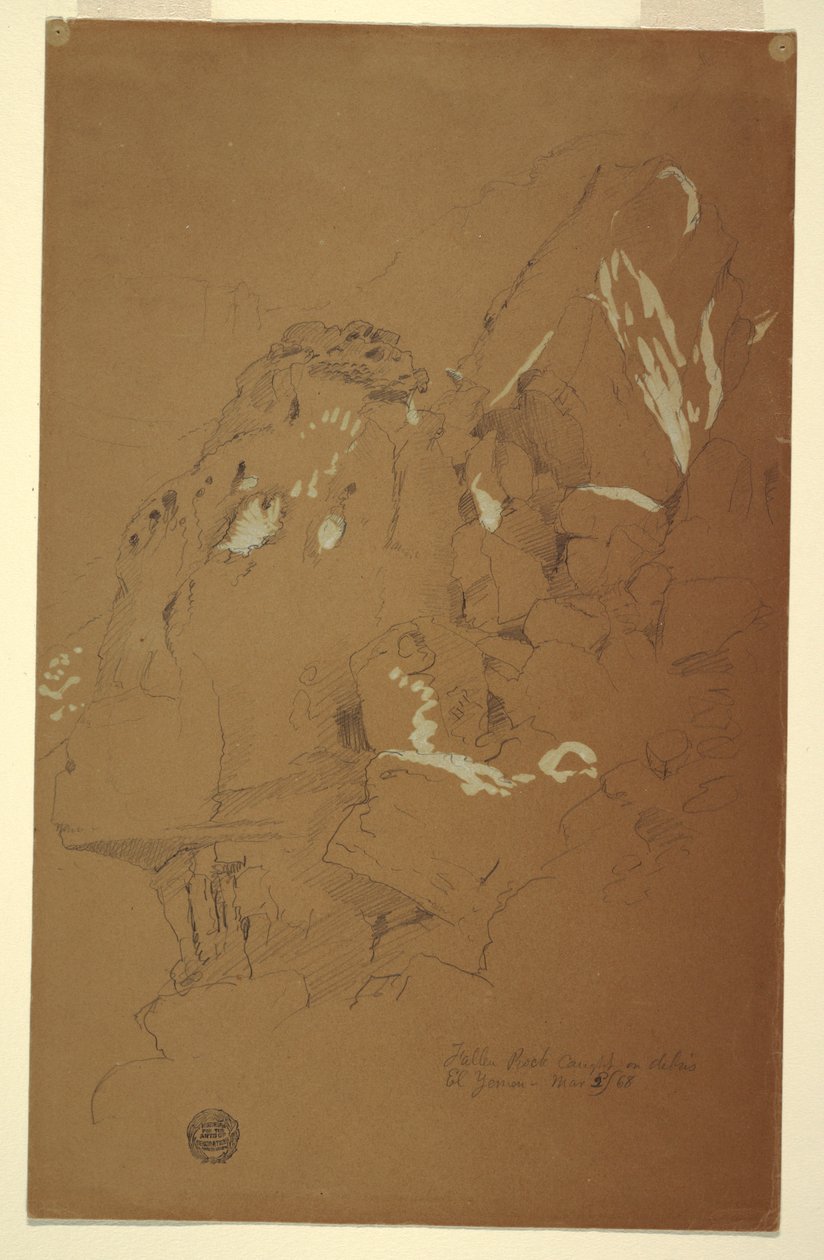 Disegno, masso caduto su detriti, El Yemen, 2 marzo 1868 da Frederic Edwin Church