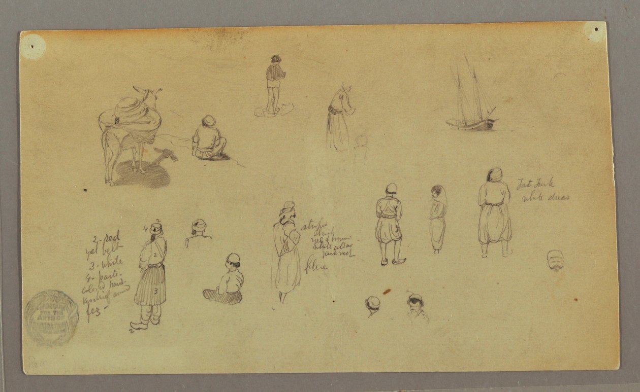 Disegno, Studi di figure, asino da soma, barca a vela, forse 1868 da Frederic Edwin Church