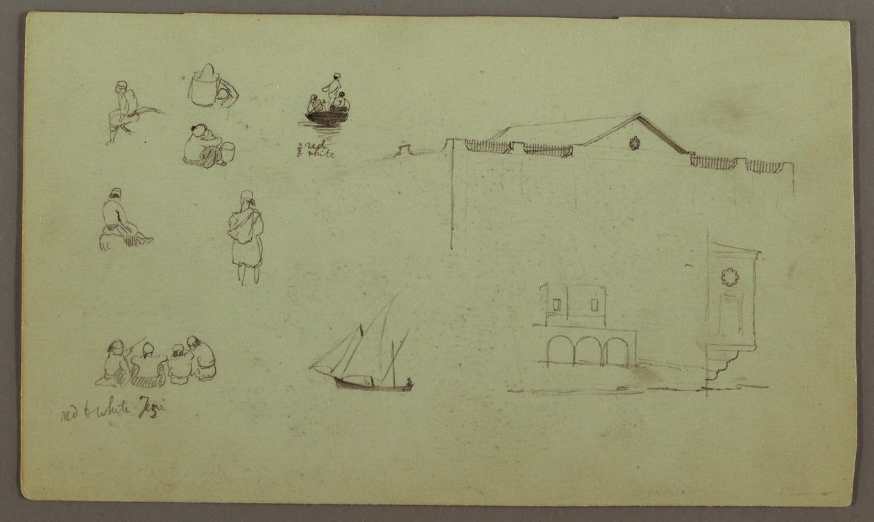 Disegno, studi di figure, barca a vela, studi architettonici, forse 1868 da Frederic Edwin Church