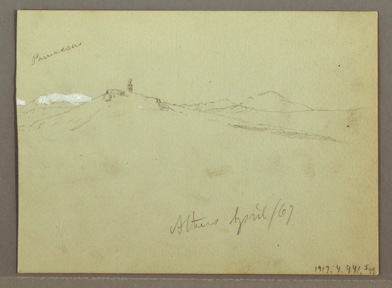 Disegno, Gregge di pecore e pastore, catene montuose innevate, aprile 1869 da Frederic Edwin Church