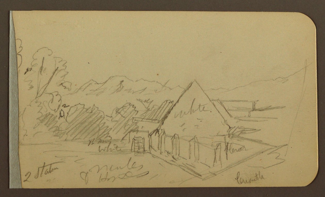 Disegno, giardino, casa, Cuautla; verso: chiesa, fienile, Cuautla, febbraio 1885 da Frederic Edwin Church