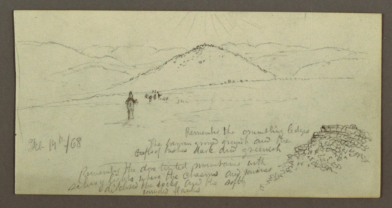 Disegno, cumulo di pietre, pianura e montagne, Sole, 19 febbraio 1868 da Frederic Edwin Church