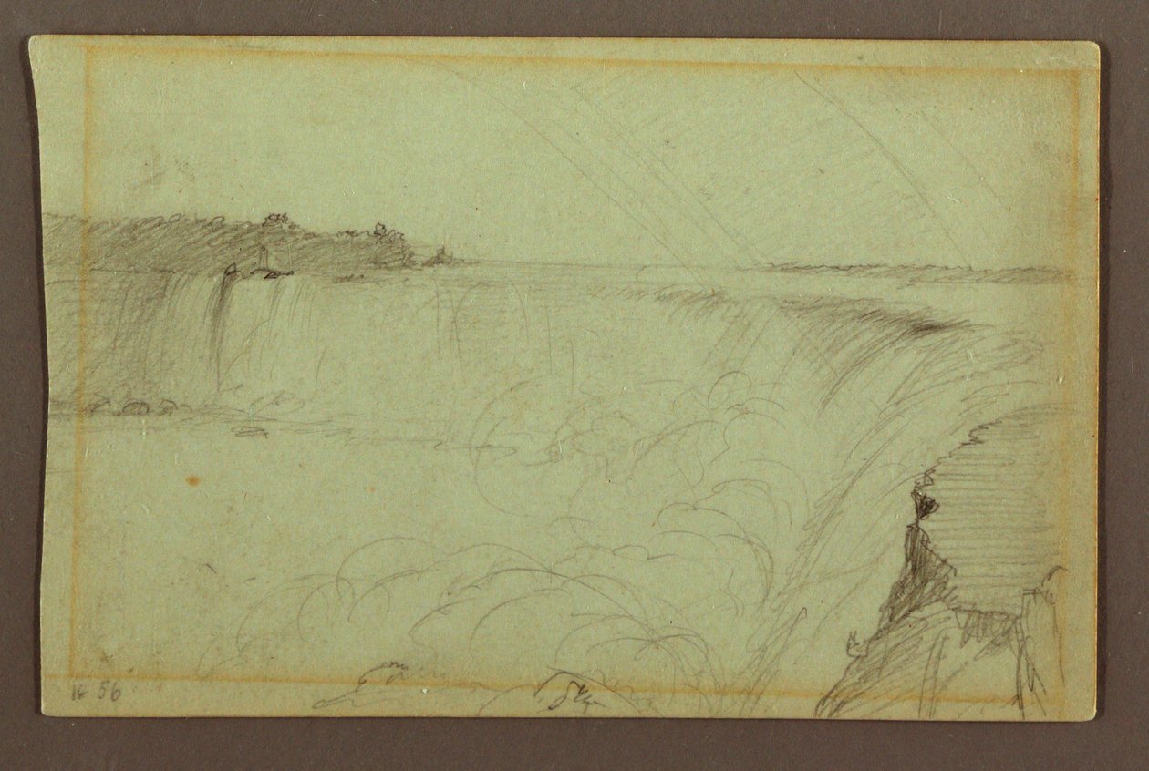 Disegno, Cascate a ferro di cavallo con doppio arcobaleno, fiume Niagara, Canada, 1856 da Frederic Edwin Church