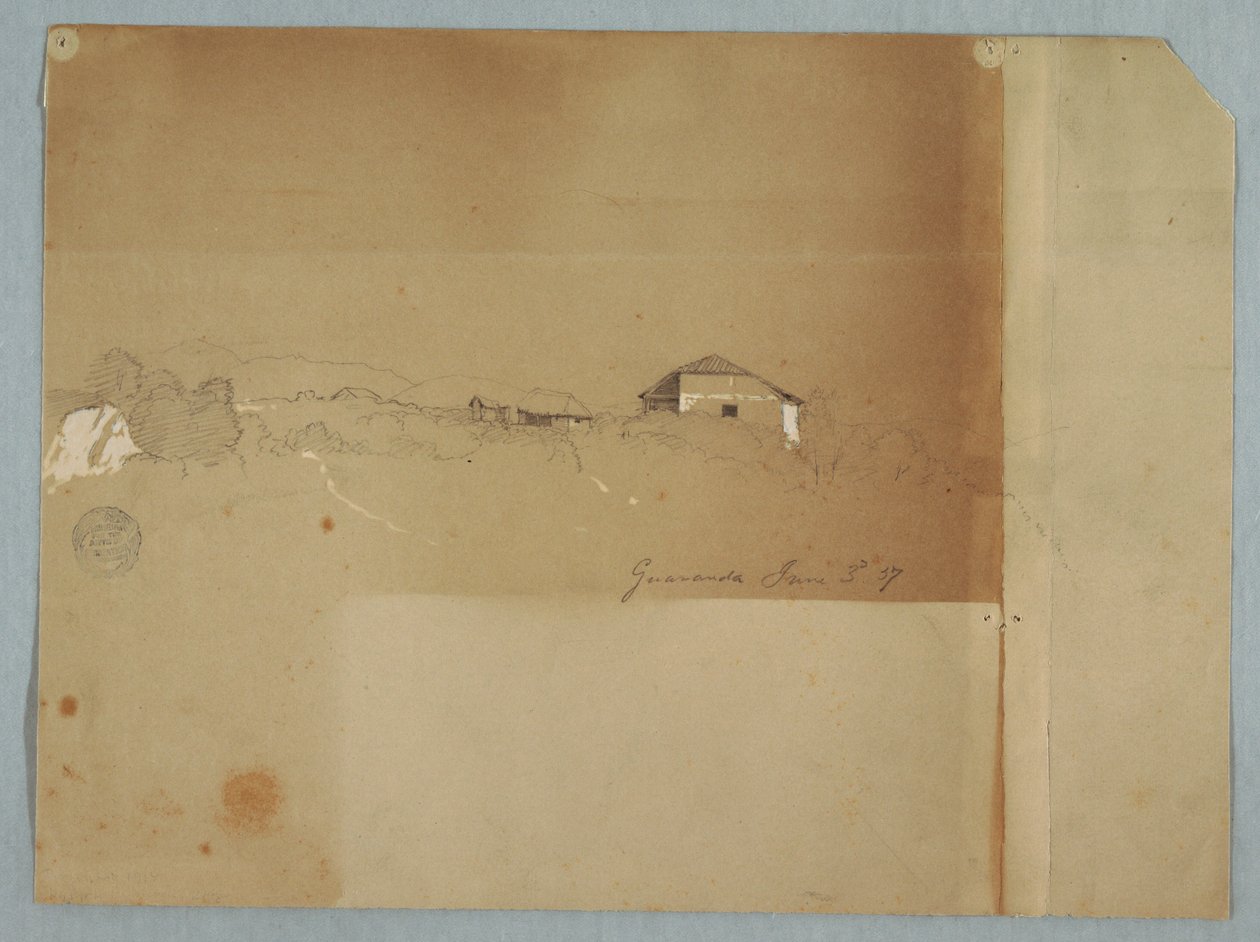 Disegno, Case vicino a una cascata nelle montagne, Guaranda, Ecuador, 3 giugno 1857 da Frederic Edwin Church