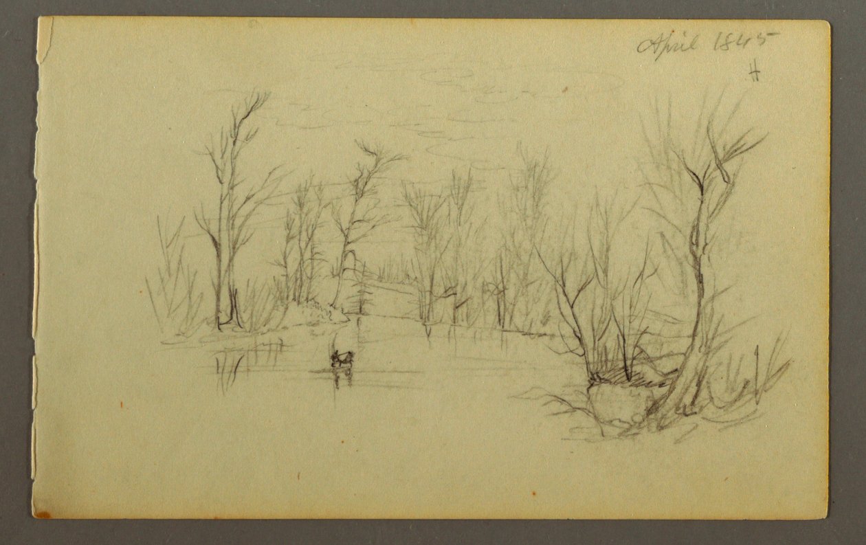 Disegno, stagno di Htakie (), due persone in canoa, 1845 da Frederic Edwin Church