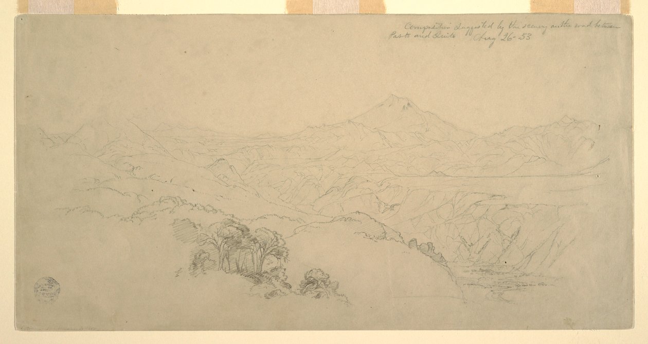 Disegno, Composizione di paesaggio: Suggerito dal paesaggio sulla strada tra Paso, Colombia e Quito, Ecuador, 26 agosto 1853. da Frederic Edwin Church