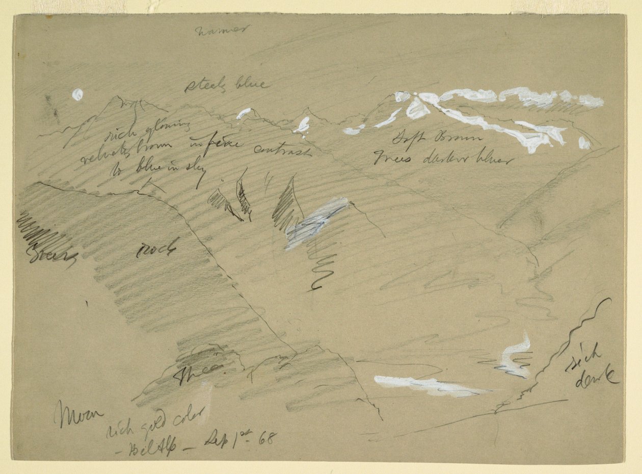 Disegno, Paesaggi nelle Alpi Bernesi, vicino a Bel Alp, Svizzera, settembre 1868 da Frederic Edwin Church