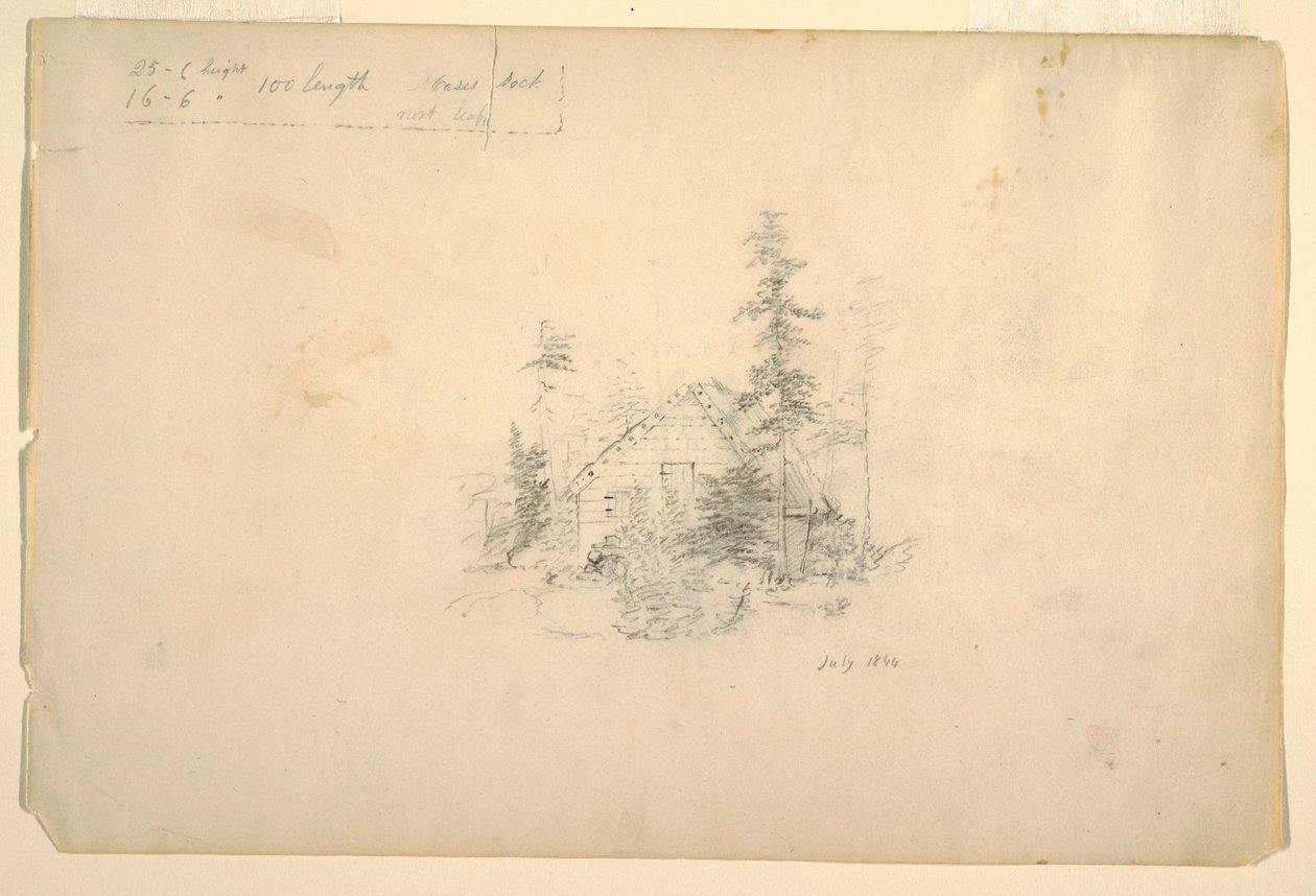 Disegno, capanna di tronchi circondata da alberi, luglio 1844 da Frederic Edwin Church