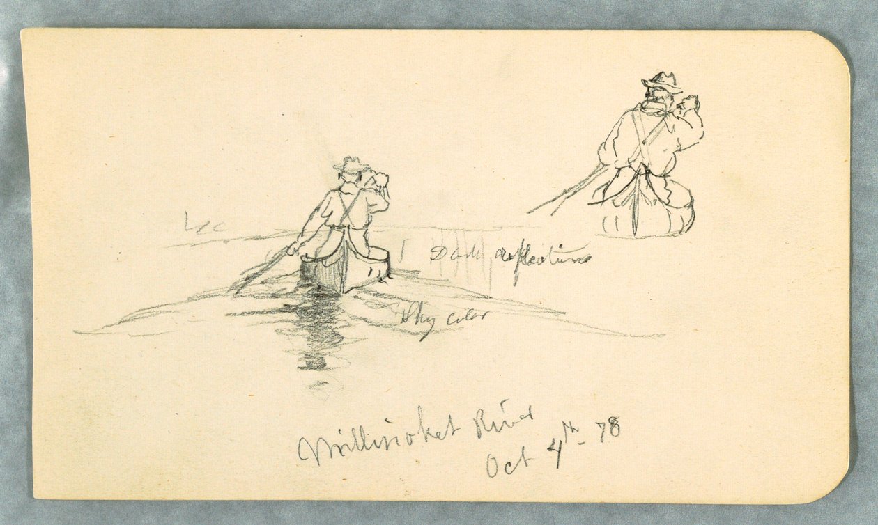 Disegno, uomo che pagaia una canoa sul fiume Millinoket [sic], 4 ottobre 1878 da Frederic Edwin Church