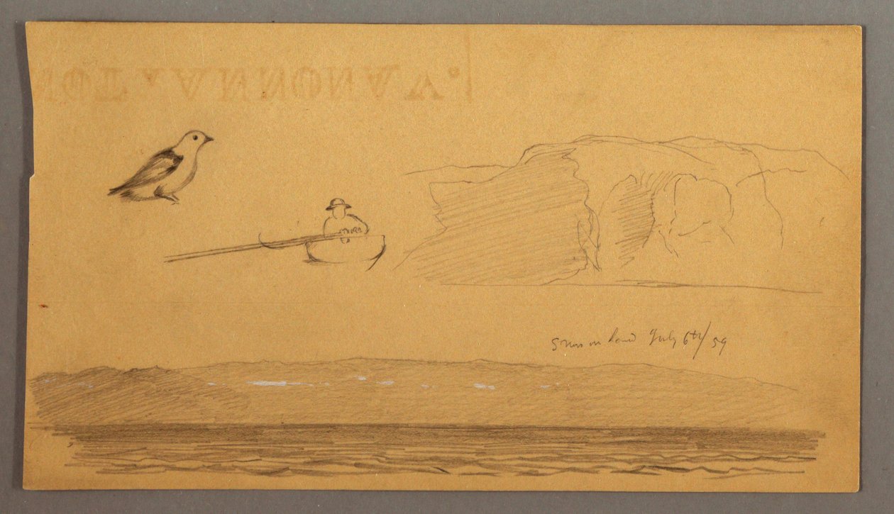 Disegno, Uomo in barca, uccello, scogliere, costa, 6 luglio 1859 da Frederic Edwin Church