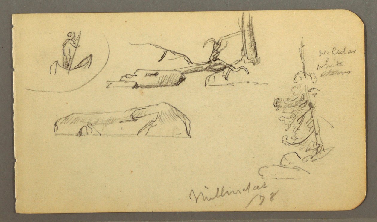 Disegno, uomo in barca, massi, tronco d
