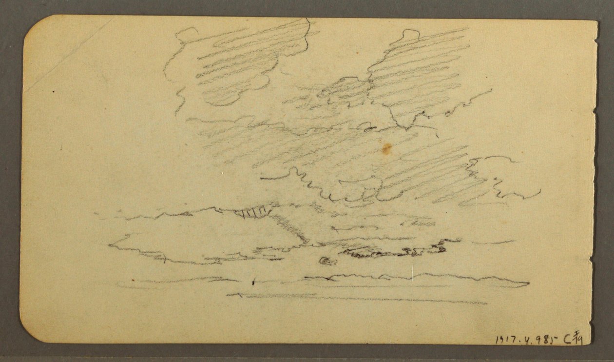 Disegno, uomo in barca, massi, tronco d