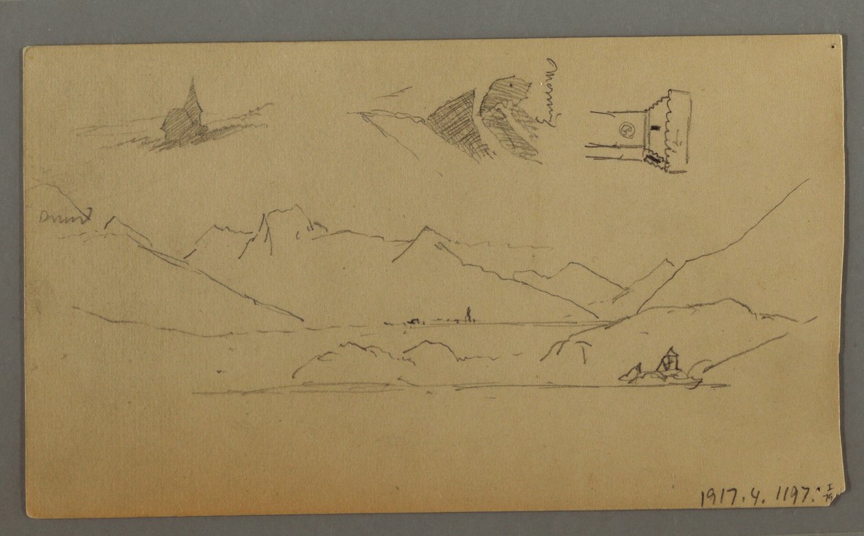 Disegno, Castello medievale, due torri, studi di figure, vicino a Thun, forse 1868 da Frederic Edwin Church