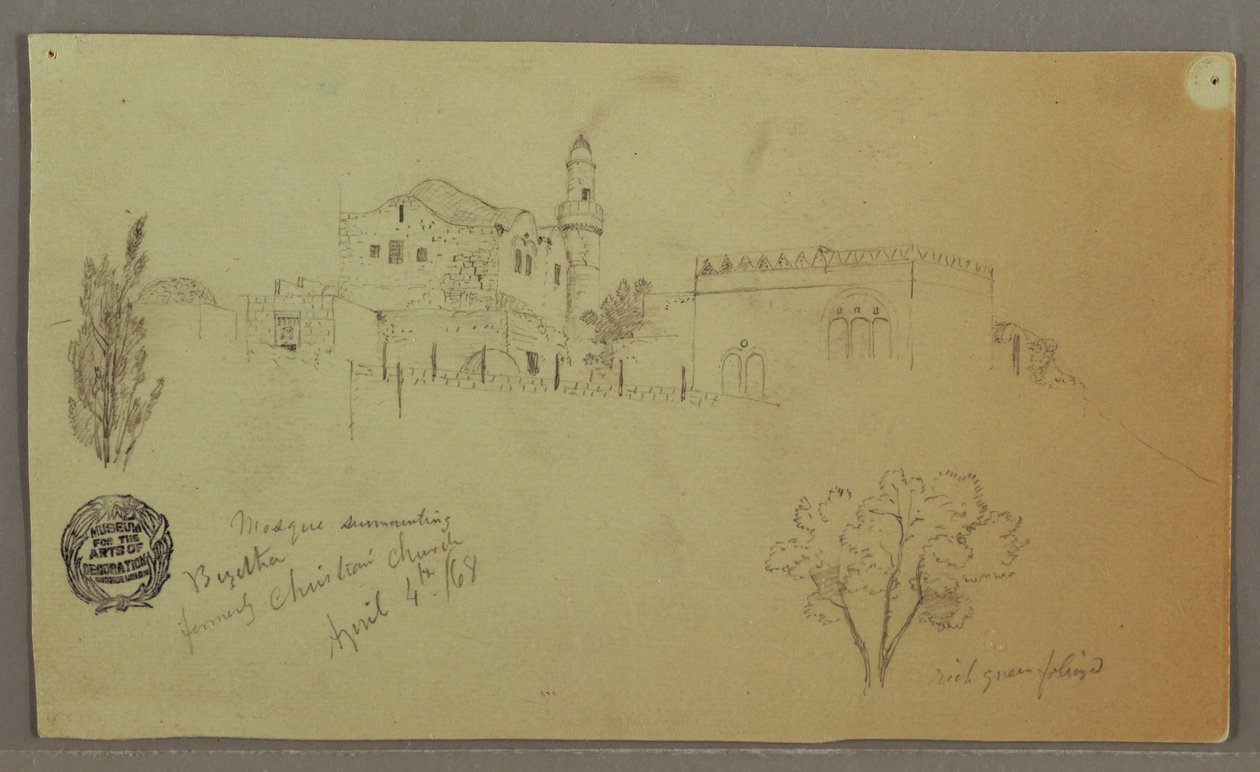 Disegno, Moschea ed edifici adiacenti, alberi, 4 aprile 1868 da Frederic Edwin Church