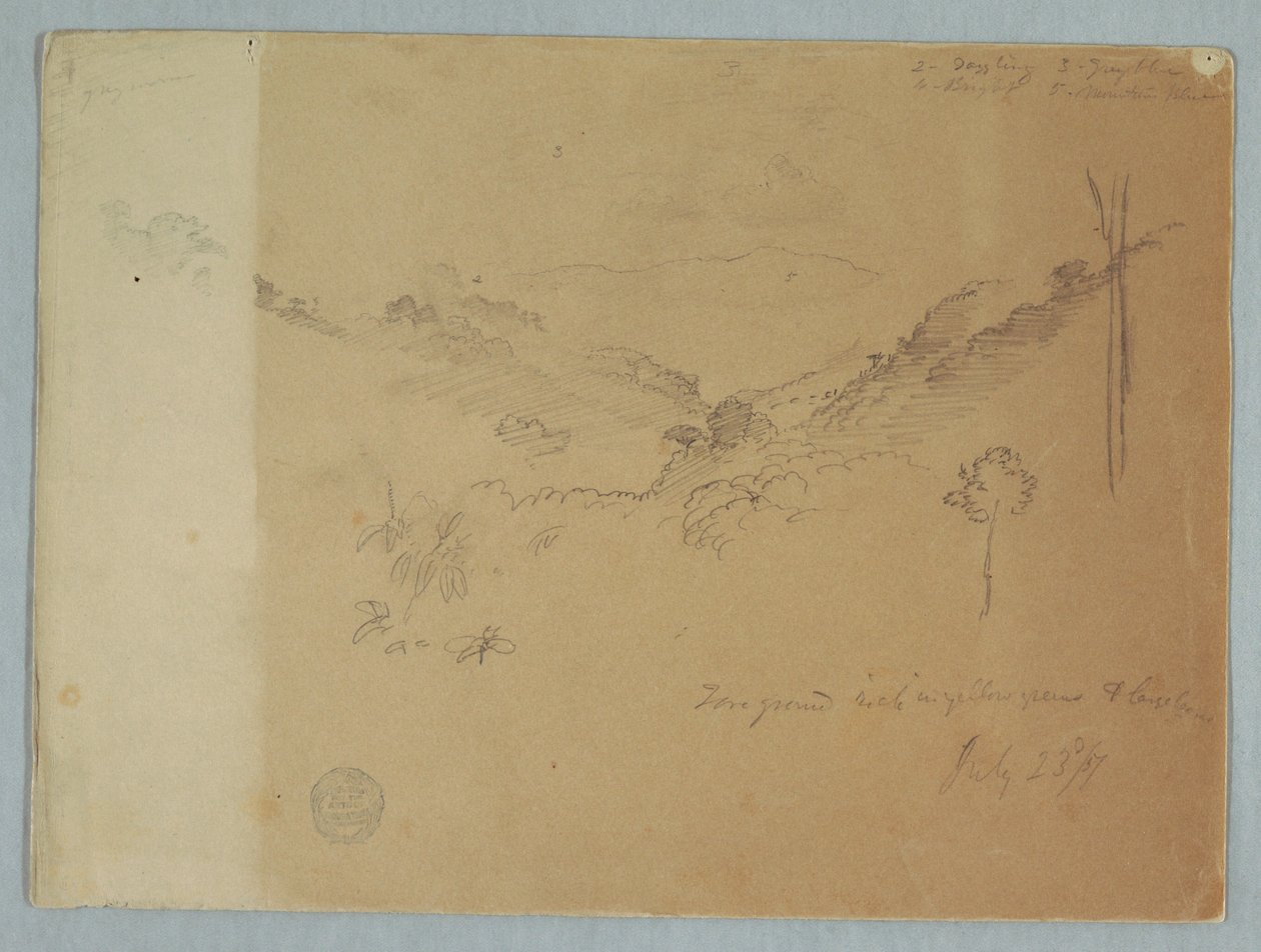 Disegno, Paesaggio montano vicino a Jorje, Ecuador, 23 luglio 1857 da Frederic Edwin Church
