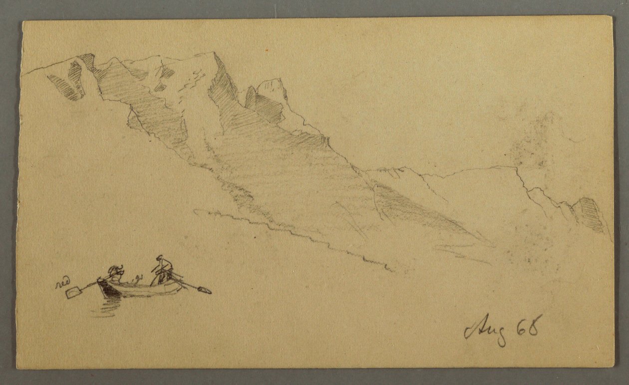 Disegno, Cime di montagna, due figure in una barca a remi, agosto 1868 da Frederic Edwin Church