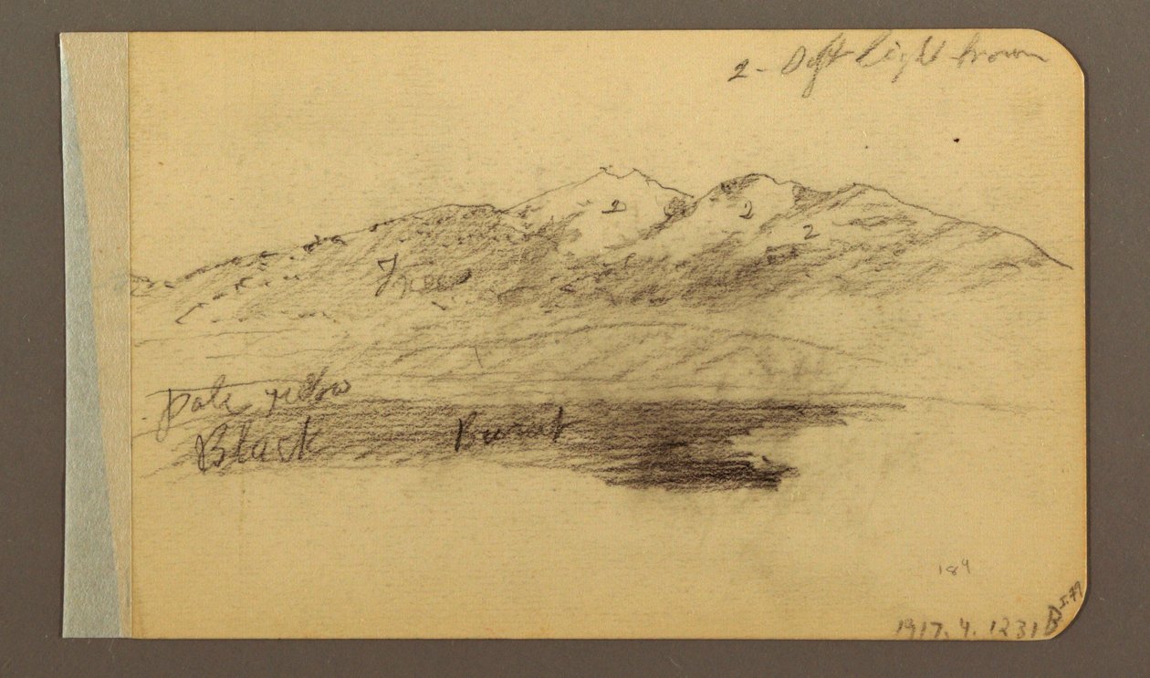Disegno, catena montuosa; verso: montagne, cielo nuvoloso, 1889 da Frederic Edwin Church