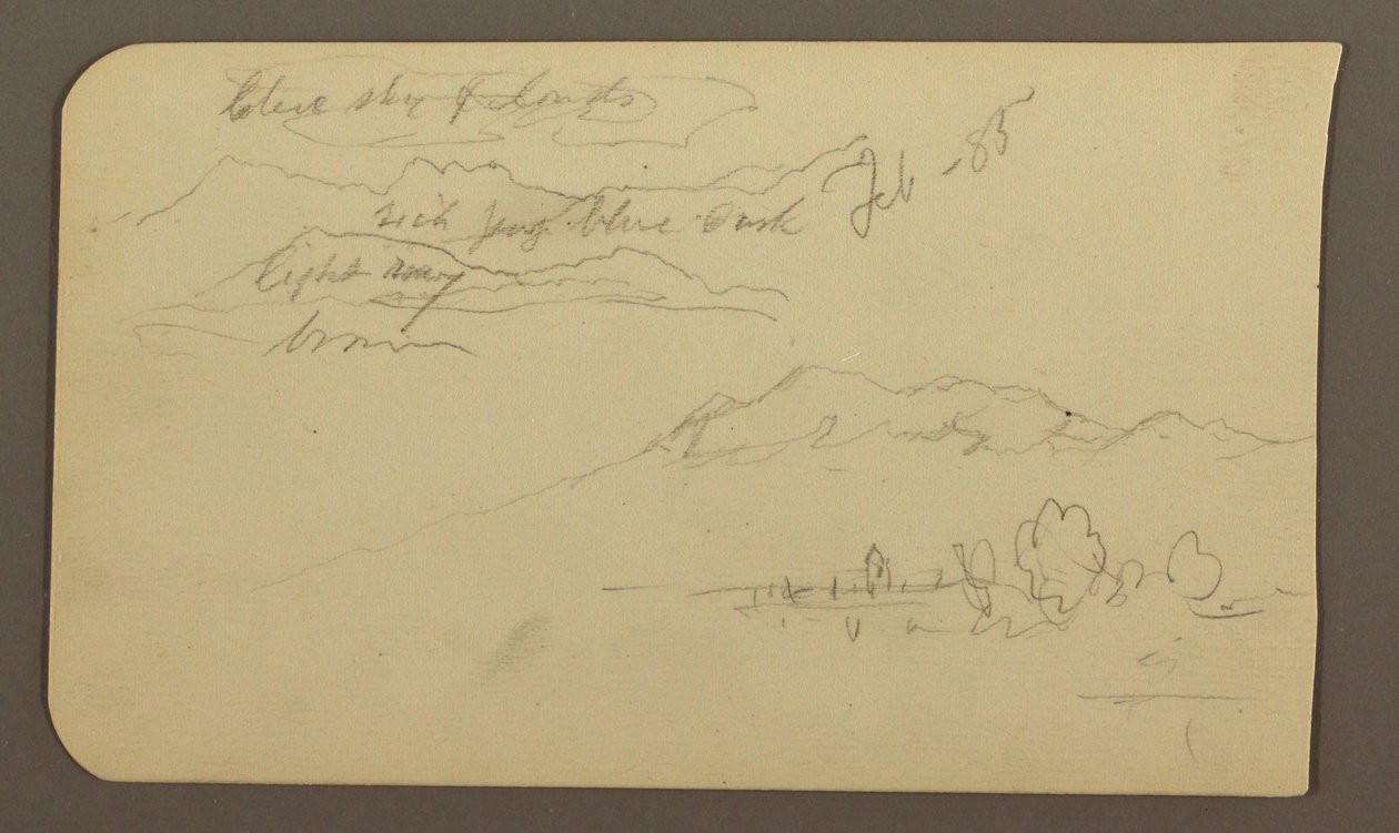 Disegno, catene montuose, Cuautla, Chiesa; verso: Cavallo accovacciato, annotazioni sul paesaggio, febbraio 1885 da Frederic Edwin Church