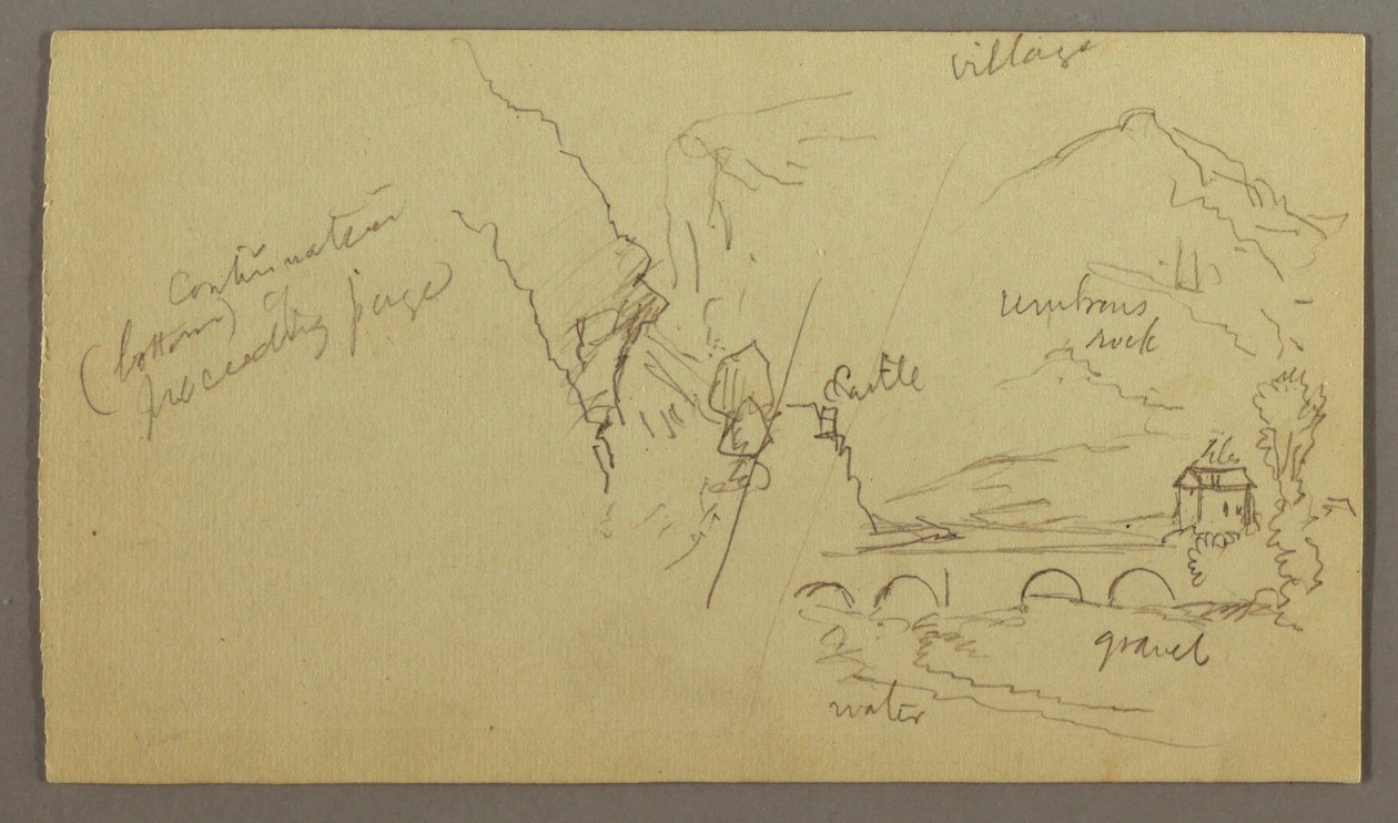 Disegno, valle montana, ponte, edifici, forse 1868-69 da Frederic Edwin Church