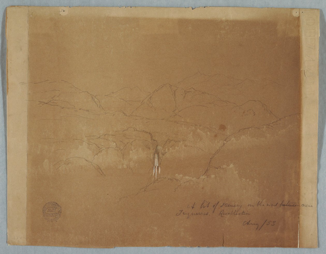 Disegno, Paesaggio montuoso con cascata, vicino a Tuquerres, Colombia, agosto 1853 da Frederic Edwin Church