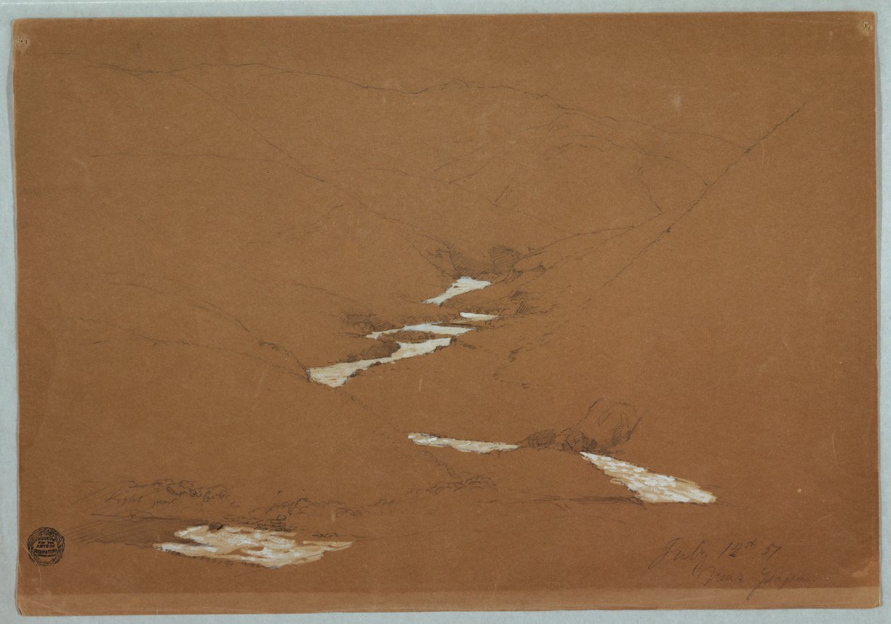 Disegno, stretta valle montuosa con ruscello a cascata vicino a Ysapan, Ecuador, 12 luglio 1857 da Frederic Edwin Church
