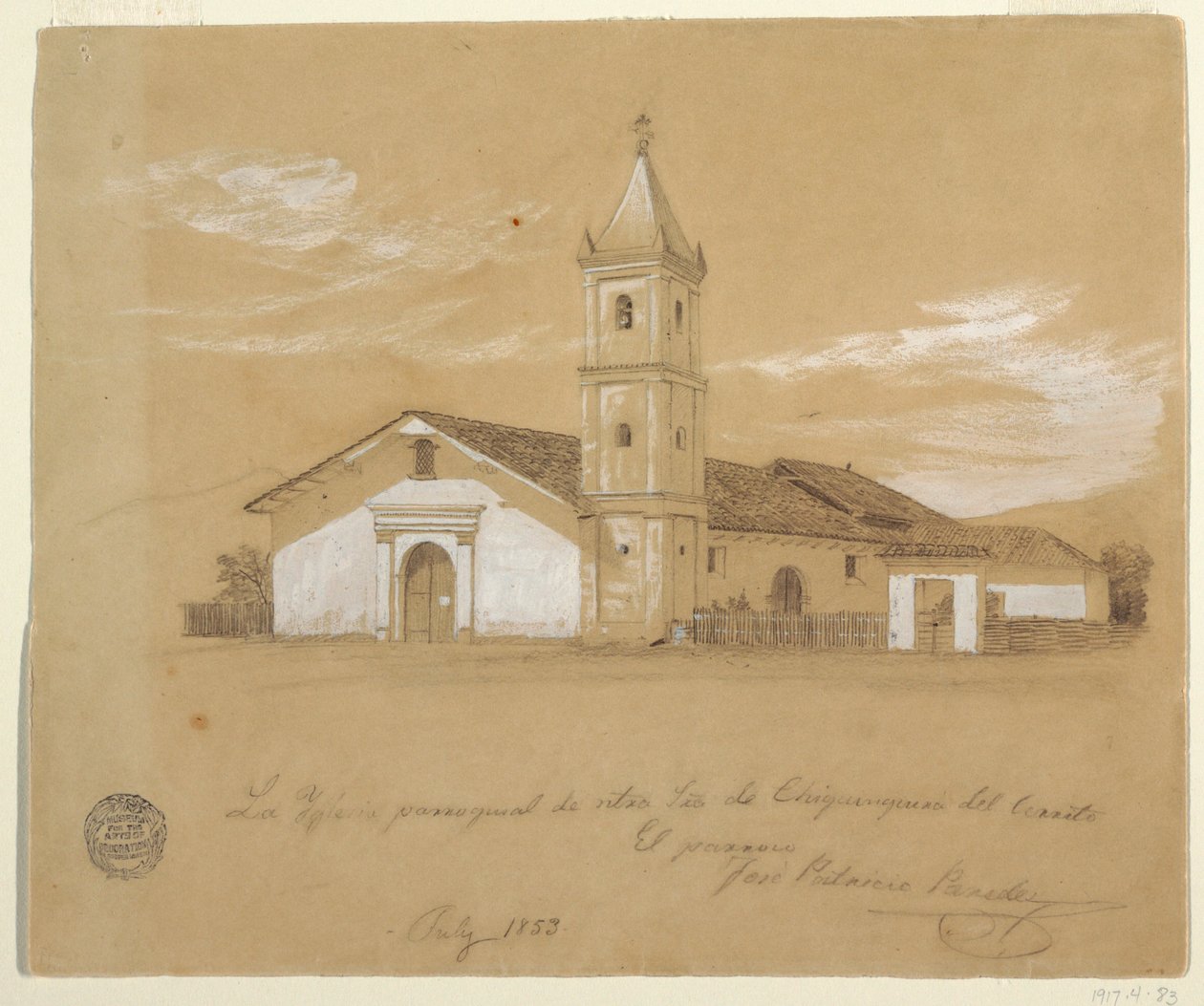 Disegno, Chiesa Parrocchiale di Nostra Signora di Chiquinquira del Cerrito, Chiquinquira, Colombia, luglio 1853 da Frederic Edwin Church