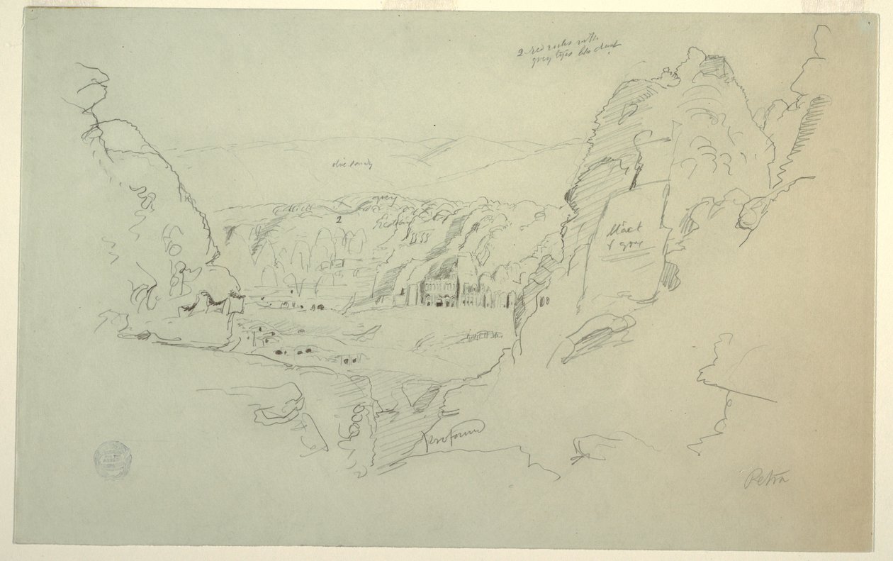 Disegno, Petra, Giordania da ovest, che mostra il palazzo e le tombe corinzie, 26 febbraio 1868 da Frederic Edwin Church
