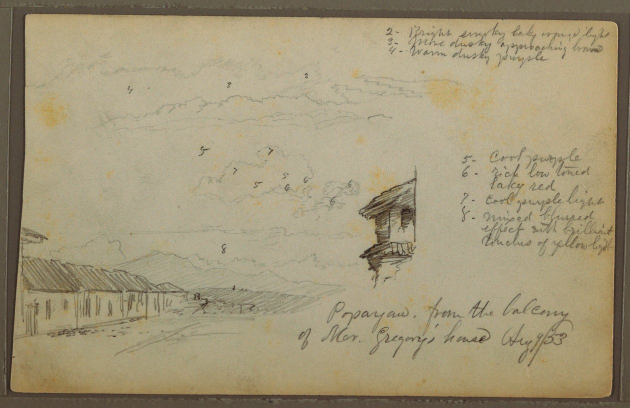 Disegno, Popayan, Colombia; verso: Paesaggio montano, Colombia, 9 agosto 1853. da Frederic Edwin Church